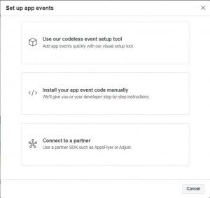 Set up App events menu with three options