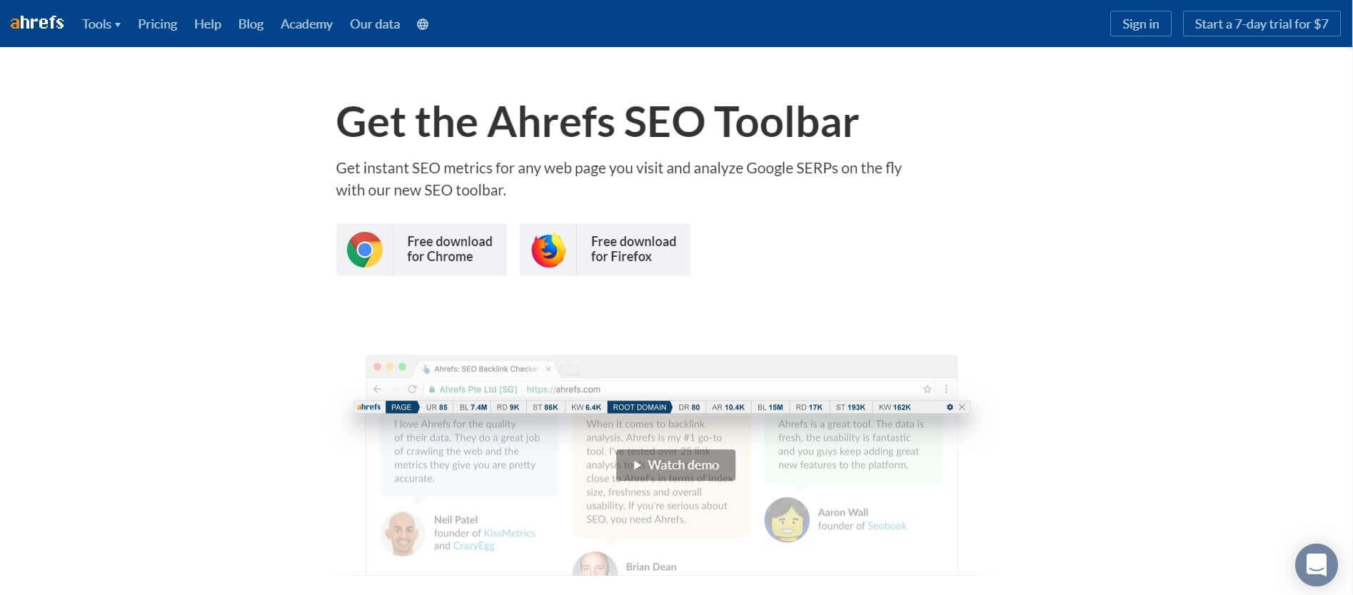 A preview of Ahrefs SEO Toolbar browser extension page on the website. It’s a free SEO tool for visualizing your technical data.