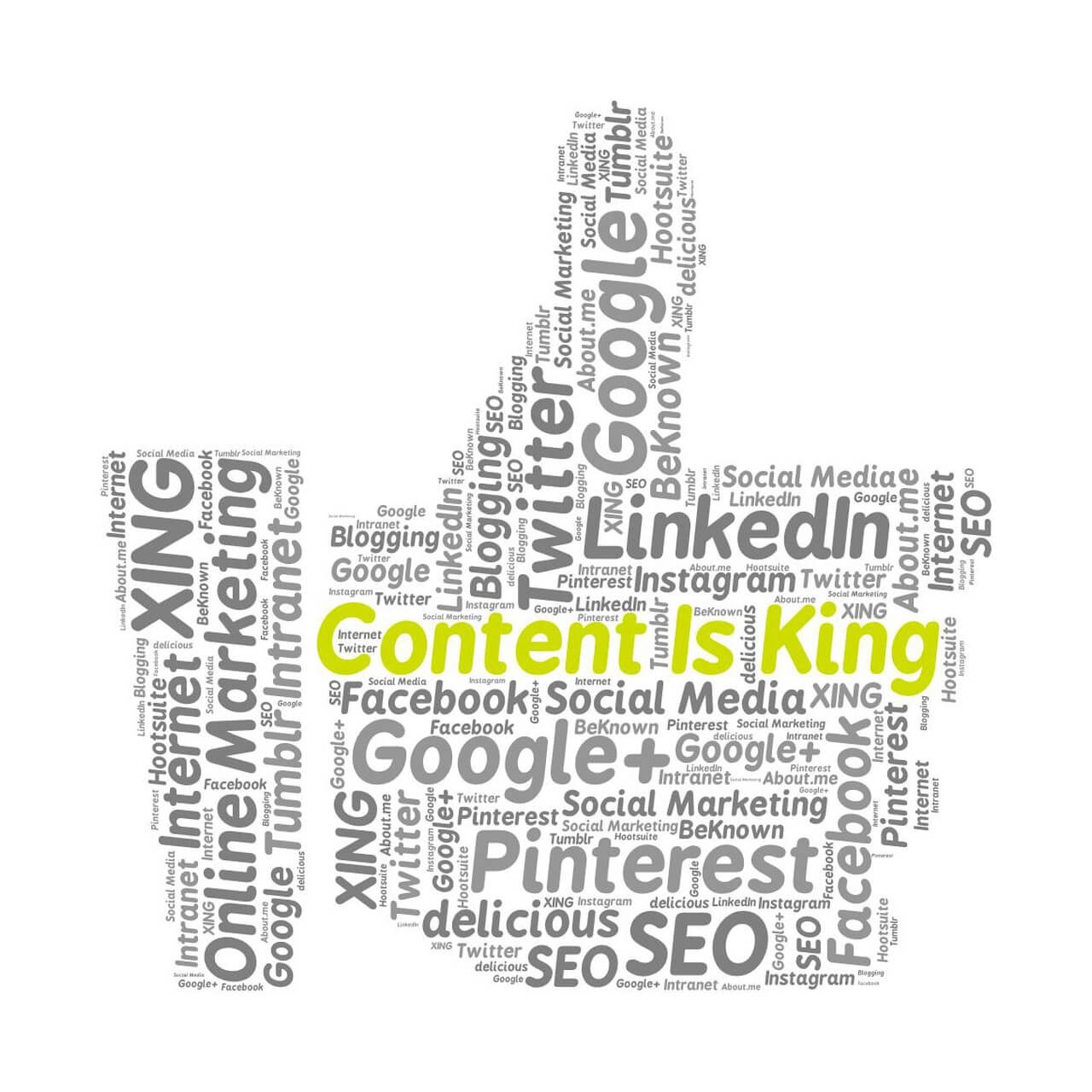 A *thumbs-up* word cloud featuring important digital terms with special emphasis on *Content is King*.