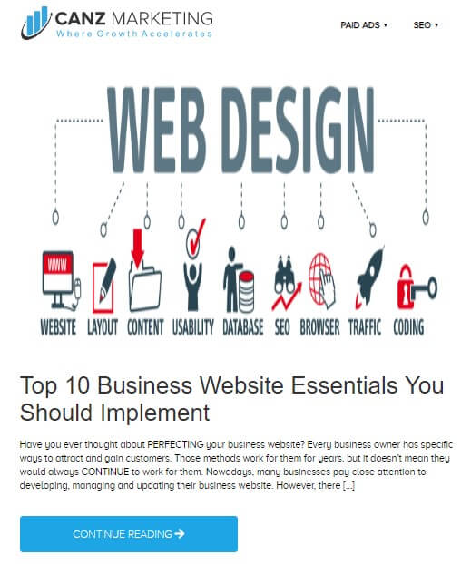 A blog from Canz Marketing titled *Top 10 business Website Essentials You should implement* showing a picture that has *Web design* written over it. A number of lines draw out from this writing and connect some images and text to it.