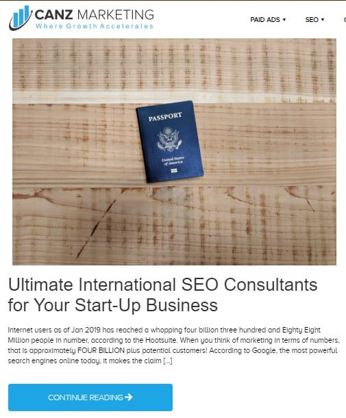 A blog from Canz Marketing titled *Ultimate International SEO Consultants for Your Start-Up Business* showing a wooden surface with a blue colored passport placed over it.