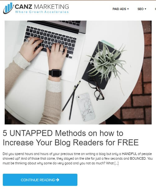 A blog from Canz Marketing titled *5 UNTAPPED methods on how to increase your blog readers for FREE* with a a white table having a book, plant, glasses, cell phone and 2 pencils nicely put over it. On a side, a laptop is placed and 2 hands are busy working on it.