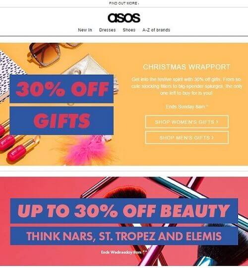 A special offer email sent out to subscribers by ASOS for 30% off the purchases before Christmas.