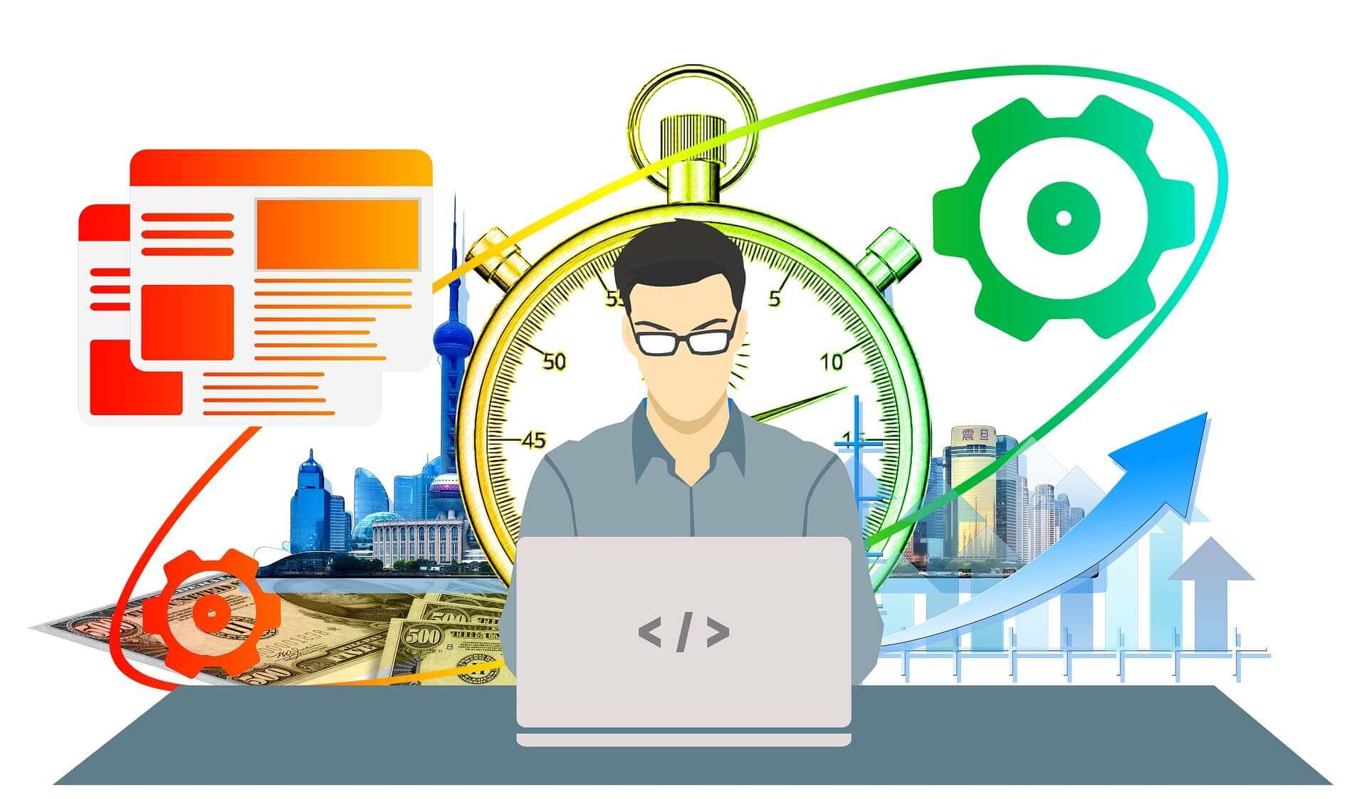 An illustration where a freelancer is working on his laptop, having symbols of tools, clock, growth, and money in the backdrop