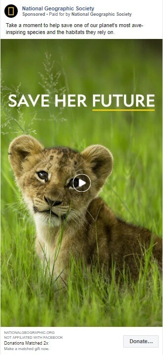 A highly effective ad by the National Geographic Society, as a part of their Facebook Marketing Campaigns for fundraising.
