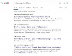 Google ads for the keyword 'Online Colleges In Oklahoma'.