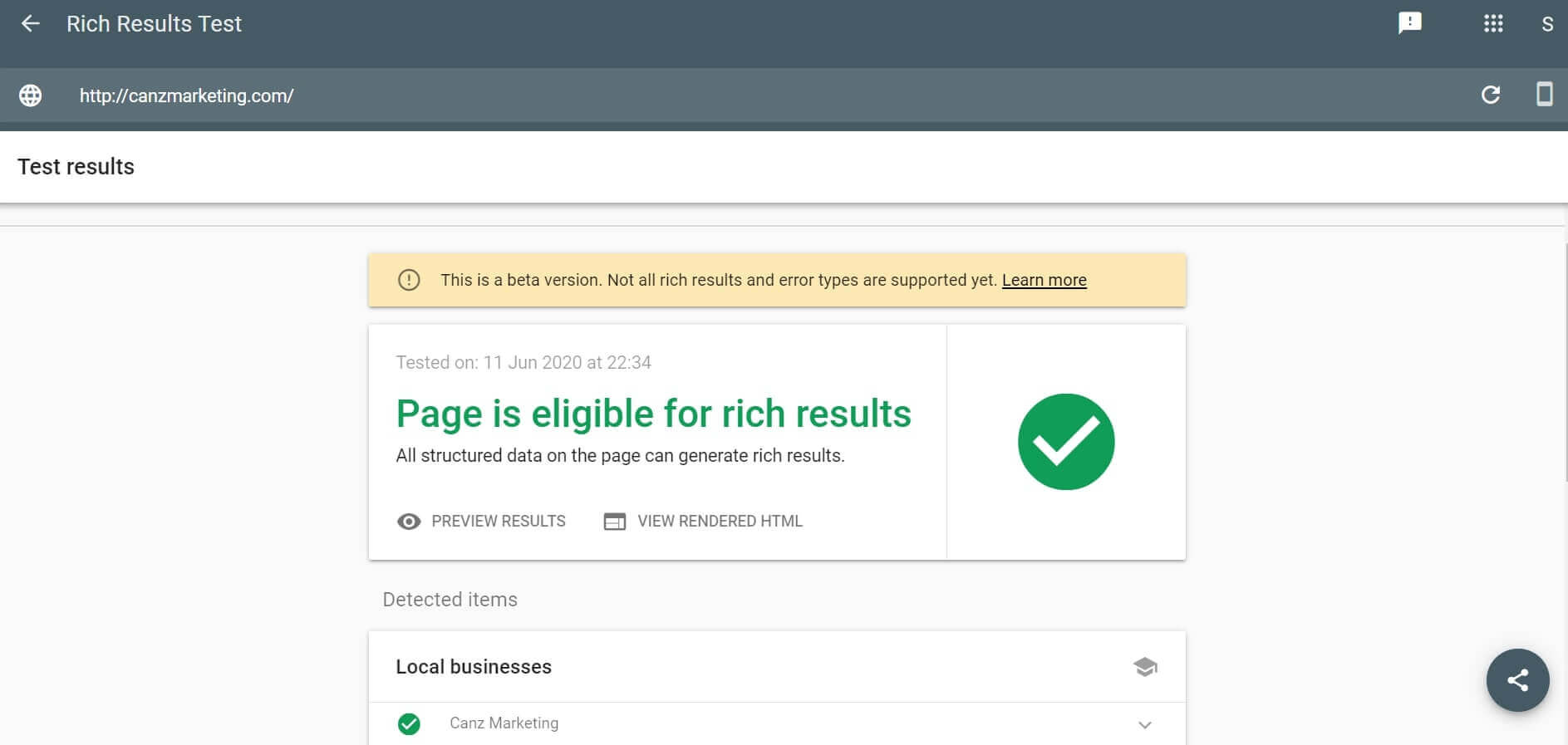 A preview of the results on Google Rich results Test - a free SEO tool for testing your eligibility for rich snippets.