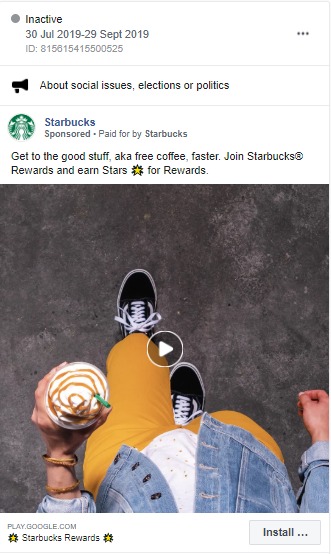 An effective Facebook ad by Starbucks with the conversion objective of App installs.