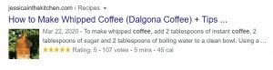 A rich snippet on SERP on the Search query - Dalgona Coffee.