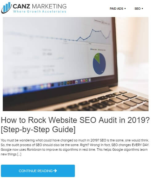 A screenshot of a blog from Canz Marketing titled *How to rock website SEO Audit in 2019? [Step-by-Step-Guide]. A laptop image is added over the blog showing different different stats and graphs.