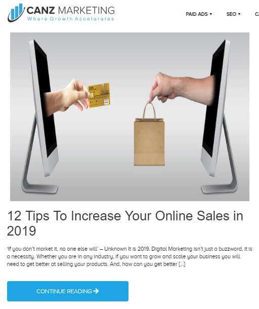 A blog from Canz Marketing titled *12 tips to increase your online sales in 2019* with a picture of 2 screen placed in front of each other. A hand is drawn out from each screen exchanging a credit card and a shopping back with each other i.e. showing the process of online purchase.