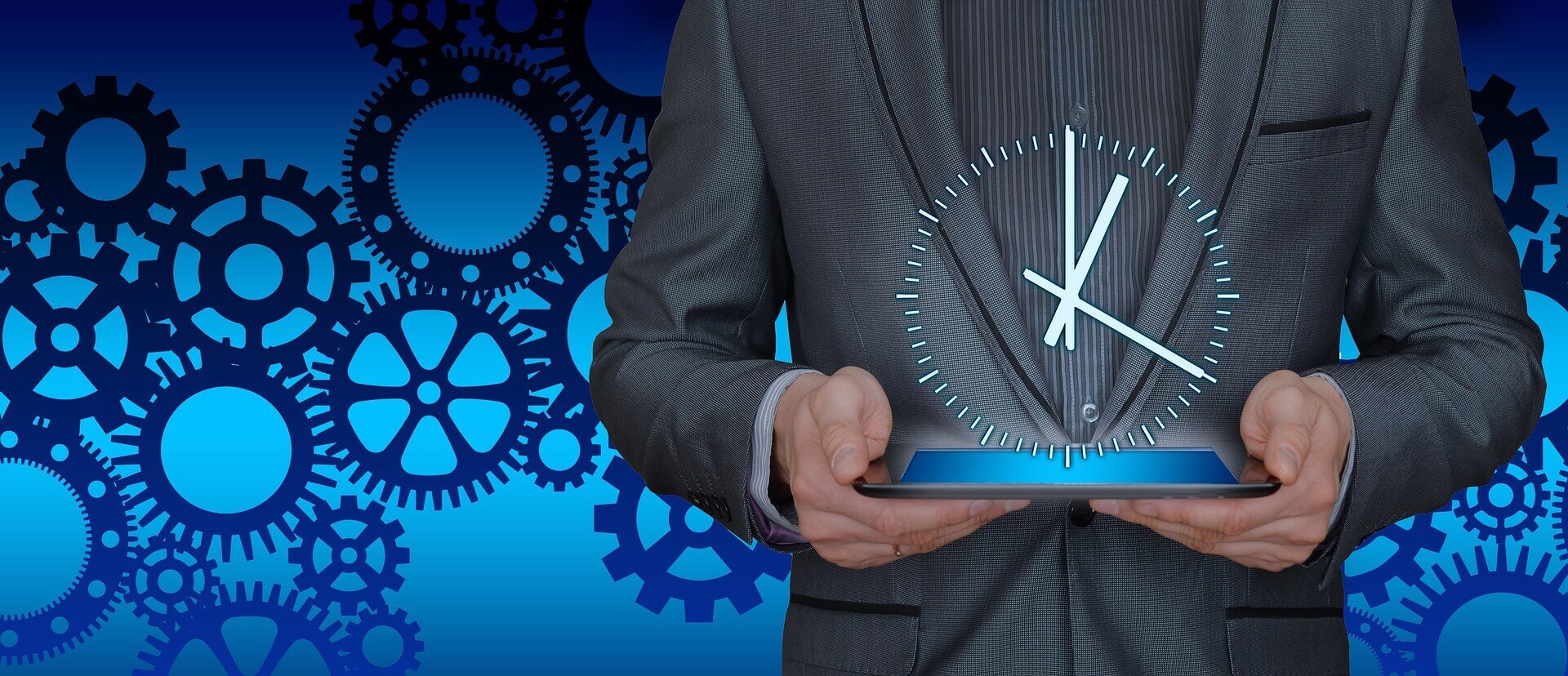 A person is holding a tablet with a clock out of it. The blue colored background symbolizes the execution and optimization processes.