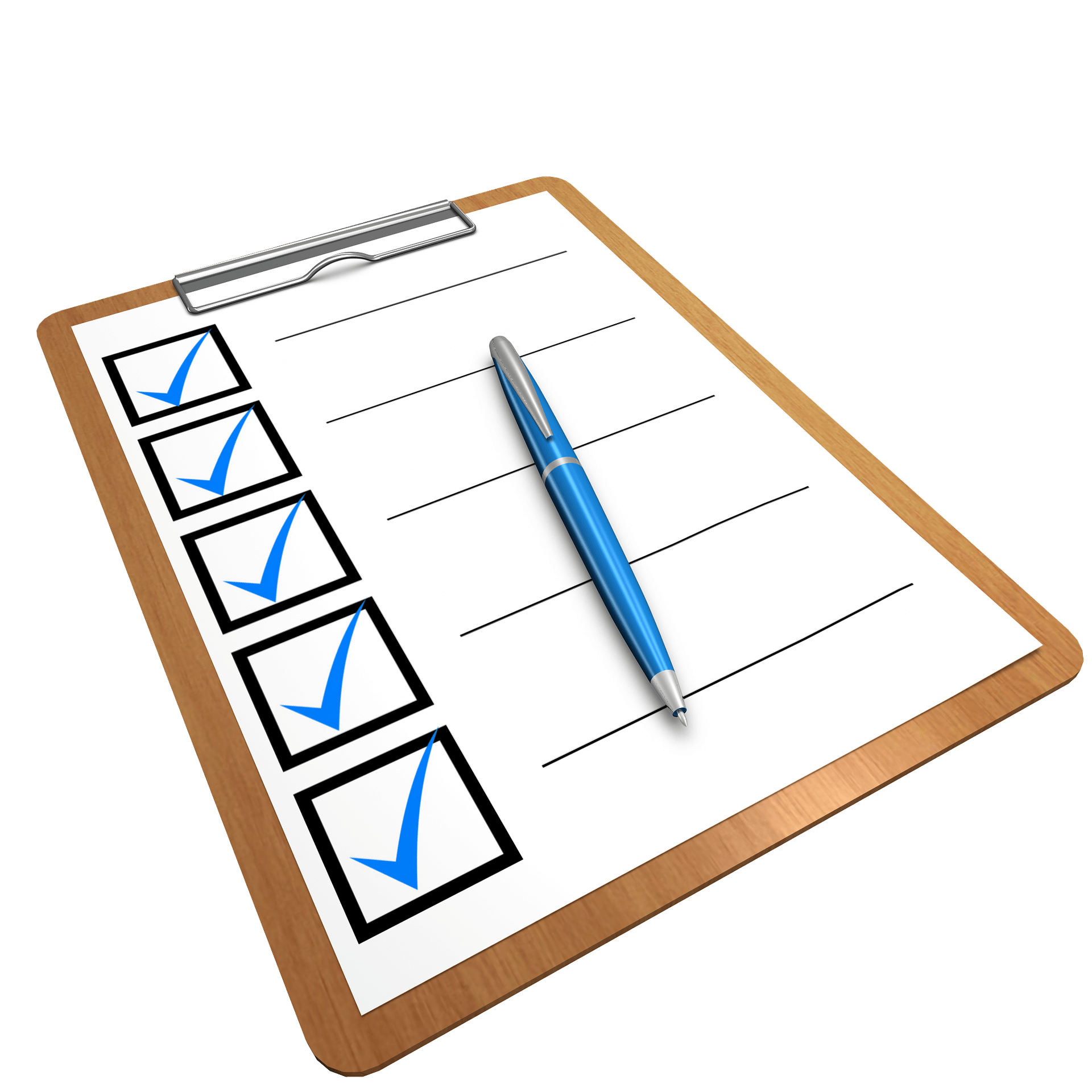 A wooden clipboard with a white checklist on it. The list has 5 blue-colored tick marks in black outlined boxes and a blue and silver writing pen placed over it.