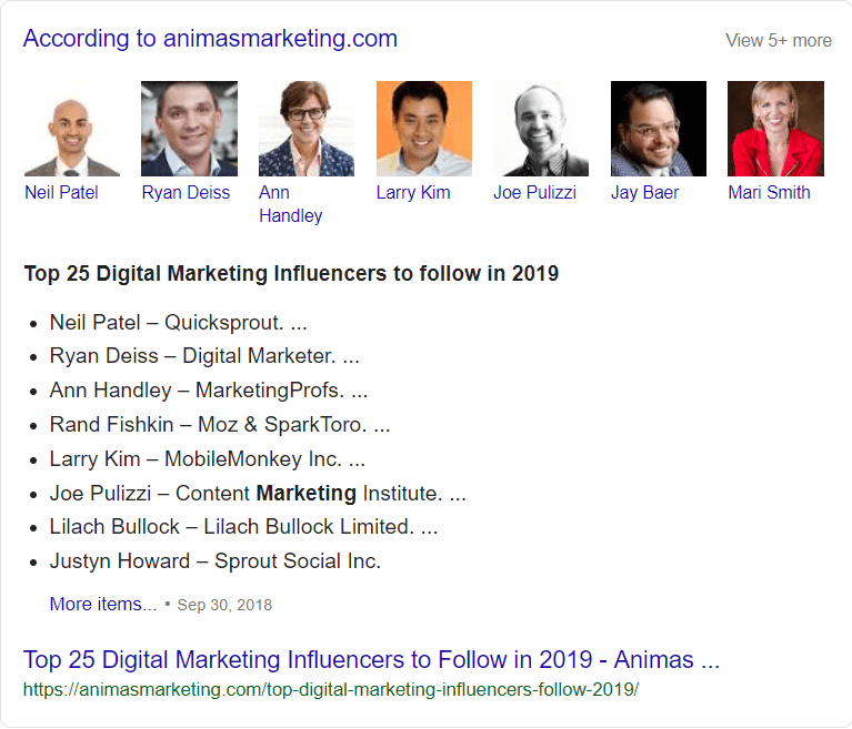 One of Google’s results for top *Marketing Influencers*