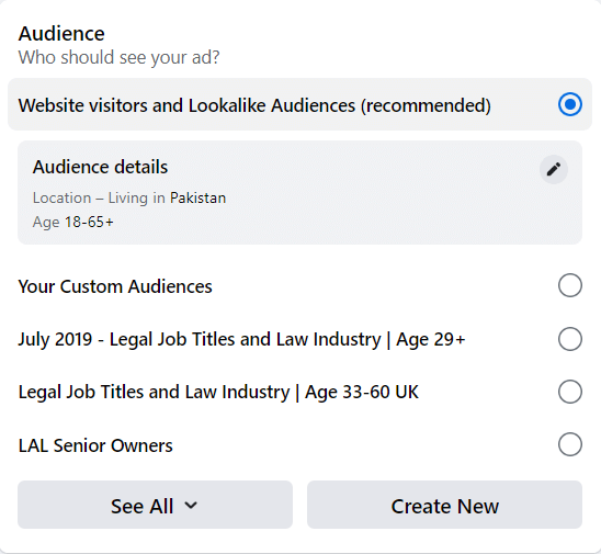 The audience selection window in the ad creation process directly through a Facebook page where you can pick your desired demographic age ranges to target.