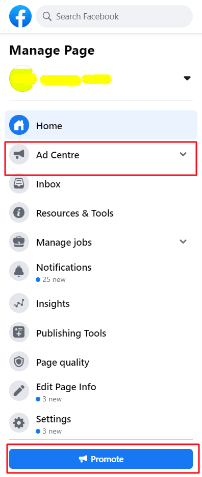 The left-side pane on the Facebook business page for all the page-related settings and functions.