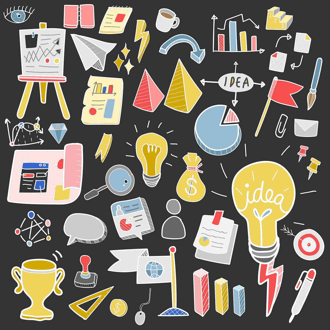 Illustrations of several tools and resources for Content marketing along with a symbolic representation of results