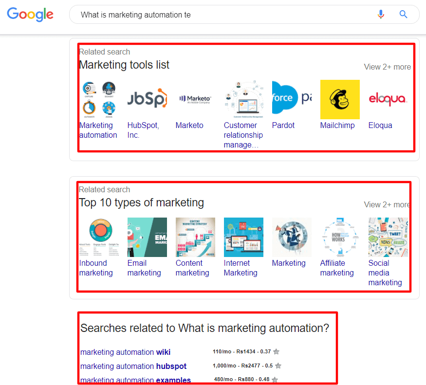 SERP for a search query showing two boxes of related searches (visual results) and a list of statements at the end of the page under the heading of *Searches related to (search query)*.