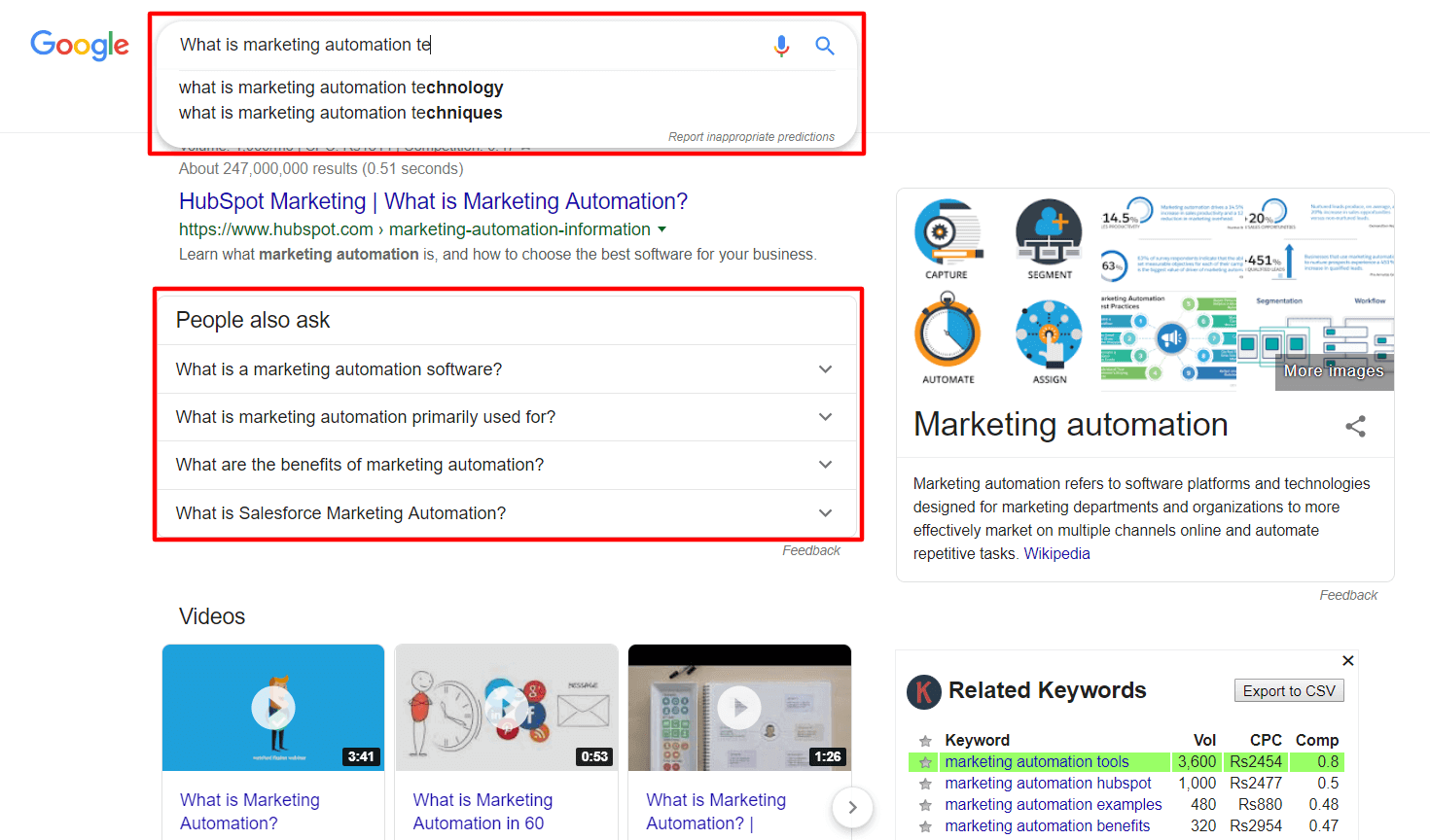 Google predictions for a search query (top red box) followed by a search result on the topic. Google recommendations based on related searches are under the heading of *People also ask* 