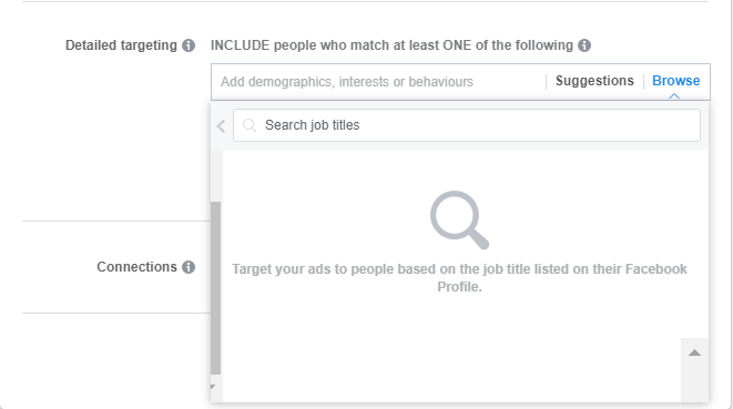 Job search menu at audience creation level of Facebook Ad creation in Ads Manager. 