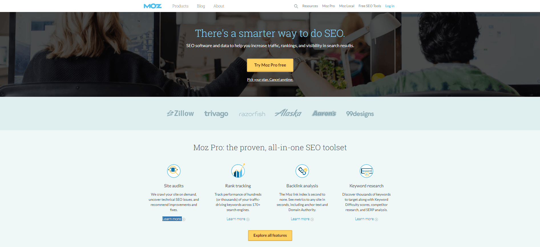 A screenshot of the MOZ services page.