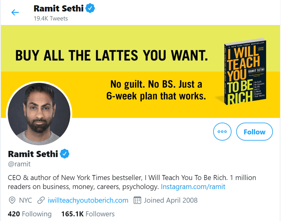 A screenshot of Ramit Sethi’s Twitter profile. The profile shows that he is the author of bestseller courses and an avid and popular social media user.