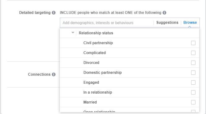 “Relationship-options” in “Demographics” in the Ad creation process in Ads Manager. 