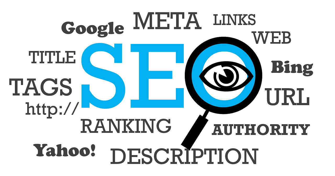 A magnifying glass depicting the "O" of "SEO," written as the main content in the center. The other relevant terms like Google, Bing, Yahoo, Tags, Http://, Authority, Links, Title, etc. surround the primary term, SEO.