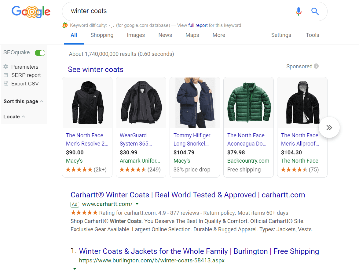 Google shopping ads for the search query *winter coats*.