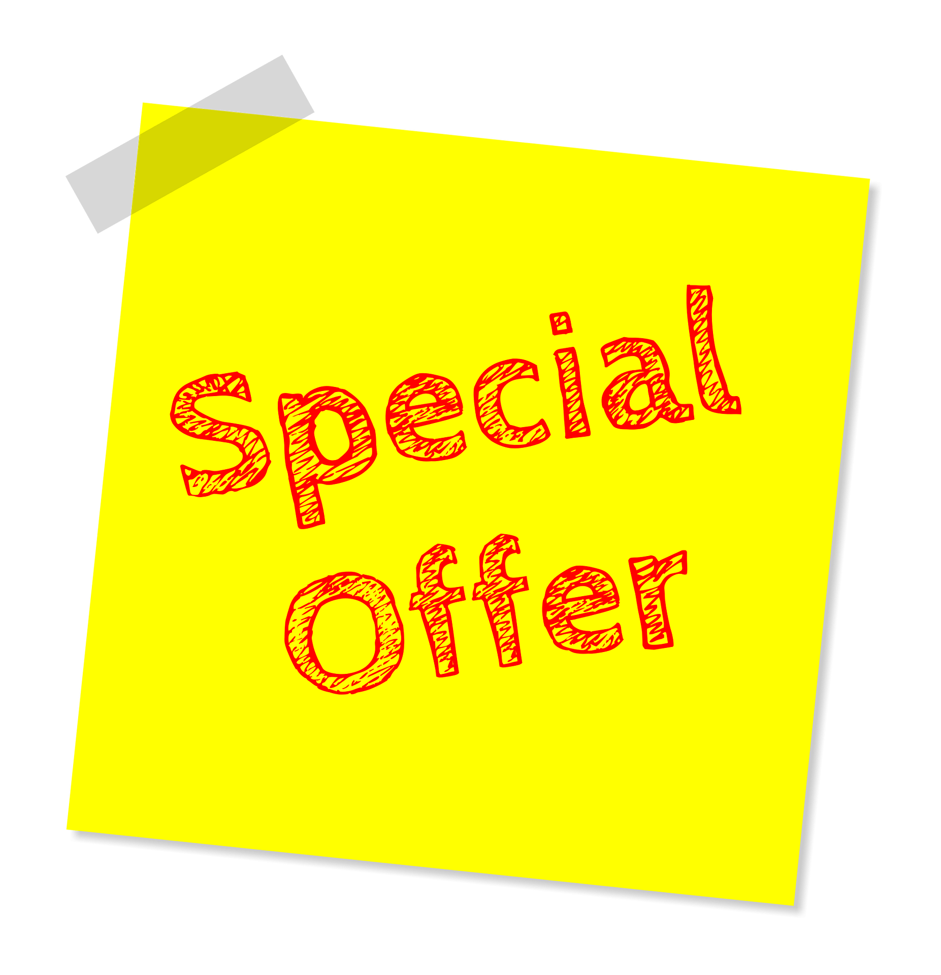 A yellow sticky note having the words *Special offer* written on it in red color.