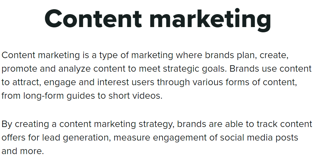 Screenshot of SproutSocial’s Glossary for the definition of Content Marketing
