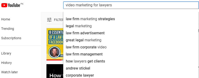 YouTube search dropdown for the search query ‘Video marketing for lawyers.’
